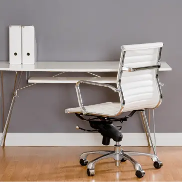 A modern minimalist home office with white office chair, desk and files.