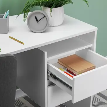 Office Desk drawers, white desk with stationery in drawer