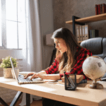 Remote worker, office desk, laptop