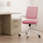 Minimalist office, pink chair with wooden desk