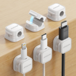 3 white adhesive cable clips with charging cables
