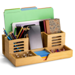 Achieve Bamboo Desk Organizer with pens and stationery